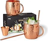 Gadgy Moscow Mule Mug Set - Cocktail Cup Set - Includes 2 Copper Mugs, 2 Straws, and a Jigger - 100% Copper and Handcrafted - Copper Glasses - Party Gift