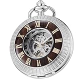 Tiong Vintage Mechanical Pocket Watch Wood Grain Hollow Men's Steampunk Roman Numerals Silver Pocket Watches with Chain Box