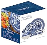 AuraHome Blue Willow 20 Piece Durable Tableware Dinner Set (Cup Saucer Side Dinner Plates Bowls) Iconic Elegant Blue-Printed Scene on White Porcelain Depicts Nature & Historical Imagery