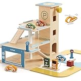 Little Log Wooden 3-Storey Parking Garage – All-Wood Playset with Lift, Car-Wash, Helipad & 8 Track Pieces, 20-pcs Playset for Boys & Girls Age 3+