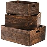 Frcctre Set of 3 Wood Nesting Storage Crates with Handles, Decorative Farmhouse Wooden Crates Storage Containers Rustic Handmade Natural Solid Wood Basket