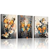 WENGTIAO Set of 3 Colourful Butterfly Canvas Wall Art Prints Framed Pictures Vintage Abstract Flowers Painting on Canvas Modern Living Room Bedroom Home Wall Decor 30x40cmx3