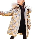 Runstarshow Girls Winter Coat Hooded Padded Jacket with Removable Fluffy Faux Fur Collar Shiny Ski Jacket Warm Outerwear with Pockets for Girls Aged 6-14 Years