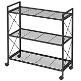 SONGMICS 3-Tier Metal Shelving Unit on Wheels, Mesh Storage Rack with X Side Frames, 32 x 80 x 85.5 cm, for Hallway, Kitchen, Living Room, Bathroom, Industrial Style, Ink Black BSC183B01