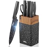 Knife Set, Yabano No Rust Kitchen Knives with PE Universal Knife Block 7 Pieces, High Grade Small Knife Block Set with Black Coating, Dishwasher Safe