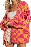 SELINK Women's Cardigan Sweater Vintage Open Front Mixed Checkered Pattern Chunky Knit Plaid Long Sleeve Daily Outwear, Multicolor, Small