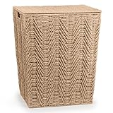 woodluv Laundry Basket with Lid, Woven Storage Basket, Laundry Hamper Bin Storage Organiser, Washing Basket for Dirty Clothes Bathroom, Large - Khaki