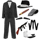 Adults Deluxe Gangster Costume – XL - Black and White Gangster Pinstripe Suit Jacket and Trousers, Black Fedora, Inflatable Tommy Gun, Braces, Fake Cigar, Spats Shoe Covers, Spiv Tash, Black Tie – 1920's Fancy Dress Costume
