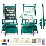 FUNLIO Foldable Anti-Warping Kids Art Easel, All-in-One Toddler Easel with Paper Roll, 3 Height Adjustable for Kids Aged 3-8, Standing Easel with Magnetic Chalkboard/Whiteboard - Green Foldable