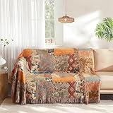 Wotcsil Throws for Sofas Large Boho Blanket Throws Cotton Woven Jacquard Blanket for 2 3Seater Couch Sofa Double-Sided 150x200cm Muslin Quilt Bohemian Bed Cover with Floral Pattern, Patchwork