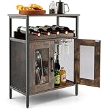 TANGZON Wine Bar Cabinet, Drinks Storage Sideboard with Glass Holder and Removable Bottle Shelf, Freestanding Organizer Cupboard Unit for Home Kitchen (Rustic Brown)