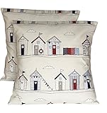 CUSHIONS2U 2 x 16 x 16” (40cm x 40cm) Pack Of Two Fryetts Beach Hut Red Cream Blue Cushion Covers