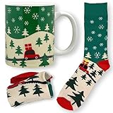 MIJOMA Mug Socks Set: Gift Set Coffee Mug with Socks in One Size, 300 ml Ceramic Handle Mug for Hot & Cold Drinks, Tea, Coffee, Hot Chocolate (Christmas Cup Winter Forest)