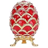 Fydun Painted Enamel Trinket Box Faberge Egg Style Trinket Box with Jewelry Organizer for Earrings, Rings, Necklaces, Red