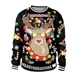 Christmas Jumpers for Men Skull,Mens Jumpers Crew Neck Sweatshirt Funny Novelty Ugly 3D Printing Long Sleeve Jumper Tops Hoodies Sweaters for Womens Ladies Men(Black Deer,M)