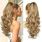 Brikabia Ponytail Extension, 24" Claw Clip in Ponytail Extensions Long Curly Wavy Ponytail Hair Extension Jaw Clip on Pony Tails Natural Hairpiece for Women, Medium Blonde with Blonde Highlights