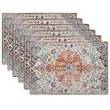 Boho Carpet Placemats Set of 6 Vintage Orange Blue Ethnic Bohemian Floral Carpet Linen Washable Kitchen Dining Table Mats Stain Heat-Resistant Desktop Decor Place Mats for Home Party Indoor 12x18 in