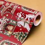 Wikadlik Santa Claus Christmas Wrapping Paper - 43cm x 10m Mini Roll Vintage Fireplace Horse and Christmas Ball Pattern Red Gift Wrap Paper for Holiday Festive Celebration DIY Craft