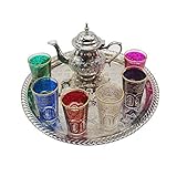 Moroccan Tea Set Complete German Silver Teapot with Legs 400 ml Silver Brass Legless Tray 33 cm Diameter 6 Coloured Glass Tumblers