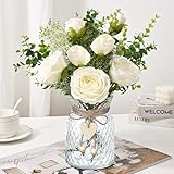 Duscdesp Artificial Flowers in Vase,Artificial White Rose Flowers Table Centrepiece Faux Flowers,Decorative Artificial Flowers with Vase Home Kitchen Office Coffee Decorations(White)