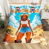 Western Cowgirl Duvet Cover Set Double,Fashion Women Black Skin Bedding Set,Vintage Country Girl Comforter Cover,American Farmhouse Style Bedding Set 3 pcs with 2 Pillowcases