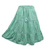 Doorwaytofashion Womens Knee Length Cotton Skirt Tiered Embroidered Adjustable Waist Lined One Size 8 10 12 14 16 (UK, Alpha, One Size, Regular, Regular, Pastel Green)