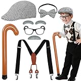8 Pcs Old Man Costume Set for Kids, Grandpa Fancy Dress Set Old Person Costume Accessories with Beret Inflatable Cane Suspender Tie Glasses Fake Beard Eyebrows for Halloween Party Cosplay Dress Up