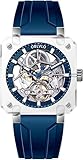 OBLVLO Mens Square Crystal Case Skeleton Dial Automatic Watches Fashion Blue Silicone Strap Waterproof Analog Watch BRM (BRM-ILLR)