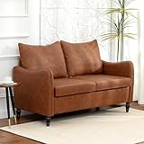 HOMCOM 2 Seater Sofa, Modern Small Sofa with Solid Wood Legs, PU Leather Upholstered Loveseat Settee for Living Room, Bedroom, Home Office, Brown