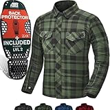 SHIMA RENEGADE MEN 2 Motorcycle Shirt for Men - Armored Plaid Biker Flannel Jacket with Kevlar by DuPont layer, CE Back, Shoulder, Elbow Protectors, Zipper and Snap Closure (Green, 5XL)