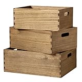 KIRIGEN Nesting Wooden Crates with Portable Handles for Home Organizer - Wood Rustic Decor Farmhouse Boxes / Basket Rolling Trays set of 3 Dark Brown