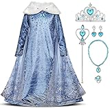 IWEMEK Girls Fancy Dress Elsa Costume Long Sleeve Snowflake Tulle Princess Dress with Cape + Accessories Kids Snow Queen Cosplay Halloween Christmas Carnival Costumes Party Outfits 01 Set 7-8 Years