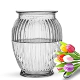 Wrenbury Ribbed Glass Vase for Flowers Large - Clear Glass 18cm - Tulip Vase for Roses, Bud, Daffodils or Peony - Big Wide Round Mouth for Posy for Mum