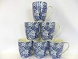 Heron Cross Pottery "Abbeydale Collection" Set of 6 Aspen China Mugs in Blue Victorian Calico design.