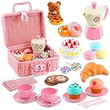 The Magic Toy Shop Play Food Picnic Basket & Tea Set for Kids - 30 pcs Toy Kitchen Accessories Pretend Food for Boys & Girls Role Play Toys