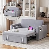 Hello-5ive 2 Seater Sofa Bed, 3 in 1 Convertible Corner Sofa Bed with USB & Type-C Ports, 190cm Pull Out Linen Double Sleeper Chair with Pocket and Adjustable Backrest for Living Room, Light Grey