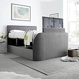 happybeds Ottoman TV Bed, Sherlock Light Grey Velvet Fabric Ottoman Storage TV Bed, Double, King, Super King Size (Double)