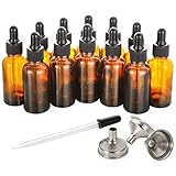 AOZITA 12 Pack, 60ml Glass Dropper Bottle With Pipette, 3 Stainless Steel Funnels & 1 Long Glass Pipette - 2 oz Amber Tincture Bottles for Essential Oils, Liquids