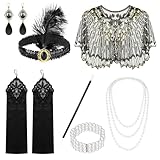 GSrenyu 7 Pcs 1920s Accessories for Women Retro Accessories Set with Shawl Headband Gloves Necklace Earrings Handheld Prop 1920s dresses for Retro Party Halloween