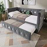 LTGB Upholstered Bed 90x190cm, Daybed Sofa Bed with with USB &Type C Charging Sations, 3FT Single Bed with Trundle,Pull out Trundle, for Living Room and Bedroom, Velvet (Gray)