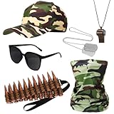 GSrenyu 6Pcs Army Fancy Dress Accessories Set,Halloween Army Costume Accessories with Camo Hat,Bullet Belt,Sunglasses and Dog Tag Necklace,Soldier Costume for Stag Do Outfit or Adult Fancy Dress
