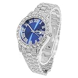 HALUKAKAH Blue Dial Diamonds Gold Watch Iced Out, Men's Platinum White Gold Plated Quartz Wristband 24cm, Free Giftbox