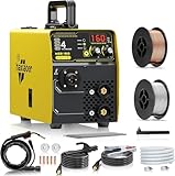 160A MIG Welder 4 in 1 Semi-Automatically Synergy Gas MIG/Gasless MIG/ARC/Lift TIG MIG Welding Machine with Solid Core Flux Core Wires, Yellow