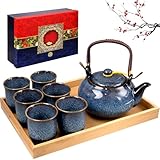 Japanese Porcelain Tea Set, 650ml Blue Ceramic Teapot with 6 Tea Cups Tray Gift Box, Kiln Altered Glaze Chinese Teapot for Adults Tea Lovers Men Women Gift
