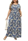 Nemidor Plus Size Maxi Dresses for Curvy Women Summer Casual Loose Short Sleeve Long Beach Dress with Pocket, Blue Apricot, 28 Plus