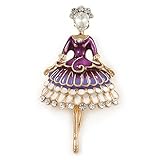 White/Purple Enamel, Crystal Ballerina Brooch In Gold Tone Metal - 55mm L