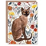 Artery8 Greeting Card Burmese Cat Lover Watercolour Autumn Wildflowers For Her Woman Birthday Card