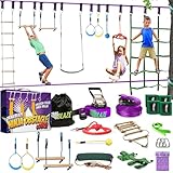 Ninja Warrior Obstacle Course for Kids Workout Equipment - 2 x 55ft Slacklines with 10 Weatherproof & Durable Obstacles - Cargo Net, Monkey Bars, Rope Ladder & More - Ninja Course for Kids Outside