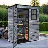 BIRCHTREE 5X3FT Plastic Garden Shed with Floor Pent Roof Wood Grain Effect Fade Free All Weather Resistant Lockable Door Outdoor Storage Box Air Vent&Window Garden Tool Shed Low Maintenance Grey