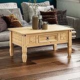 Vida Designs Coffee Table with Drawer, Rectangular, Waxed Solid Pine Wood, Traditional, Rustic, 56 x 94 x 45